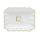 Hand-painted Herend Oblong Dish with Monogram Decorative Plate in fine porcelain, 7.25in L X 5.5in W X 1.5in H, on a white background, Monogram Q