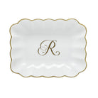Hand-painted Herend Oblong Dish with Monogram Decorative Plate in fine porcelain, 7.25in L X 5.5in W X 1.5in H, on a white background, Monogram R
