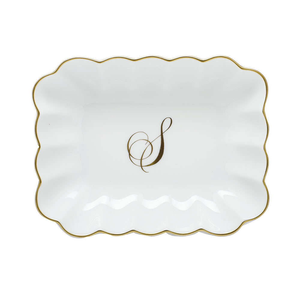 Hand-painted Herend Oblong Dish with Monogram Decorative Plate in fine porcelain, 7.25in L X 5.5in W X 1.5in H, on a white background, Monogram S