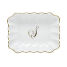 Hand-painted Herend Oblong Dish with Monogram Decorative Plate in fine porcelain, 7.25in L X 5.5in W X 1.5in H, on a white background, Monogram S