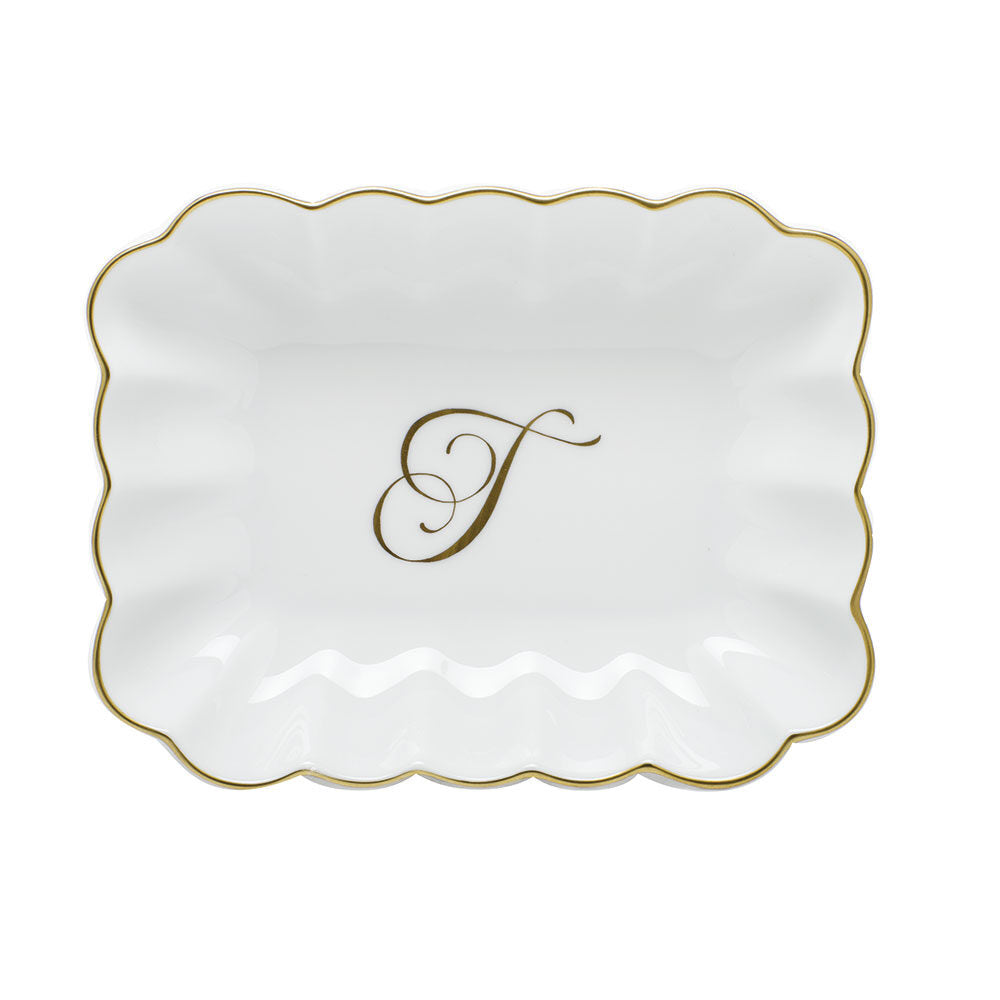 Hand-painted Herend Oblong Dish with Monogram Decorative Plate in fine porcelain, 7.25in L X 5.5in W X 1.5in H, on a white background, Monogram T