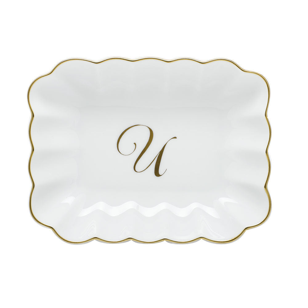 Hand-painted Herend Oblong Dish with Monogram Decorative Plate in fine porcelain, 7.25in L X 5.5in W X 1.5in H, on a white background, Monogram U