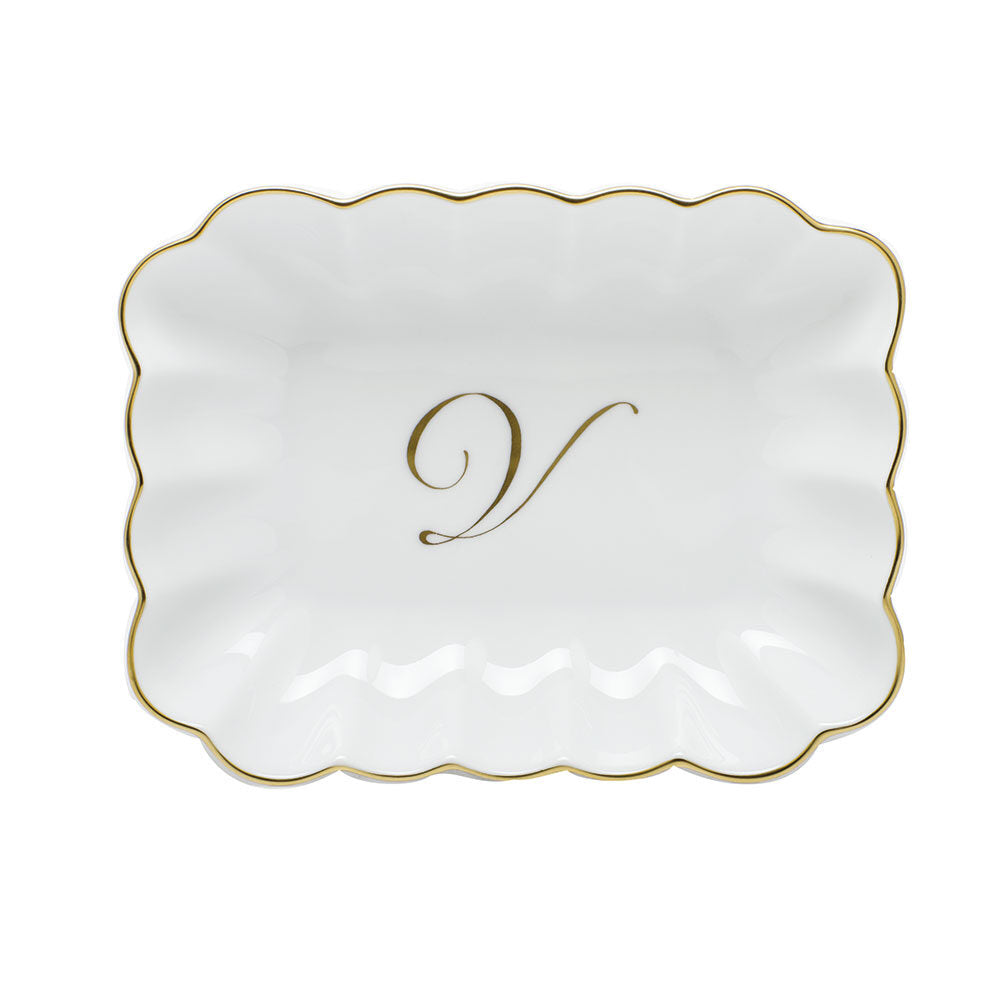 Hand-painted Herend Oblong Dish with Monogram Decorative Plate in fine porcelain, 7.25in L X 5.5in W X 1.5in H, on a white background, Monogram V