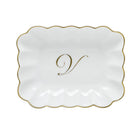 Hand-painted Herend Oblong Dish with Monogram Decorative Plate in fine porcelain, 7.25in L X 5.5in W X 1.5in H, on a white background, Monogram V