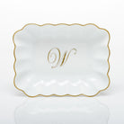 Hand-painted Herend Oblong Dish with Monogram Decorative Plate in fine porcelain, 7.25in L X 5.5in W X 1.5in H, on a white background, Monogram W