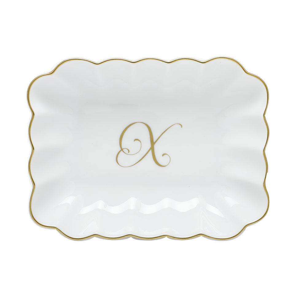 Hand-painted Herend Oblong Dish with Monogram Decorative Plate in fine porcelain, 7.25in L X 5.5in W X 1.5in H, on a white background, Monogram X