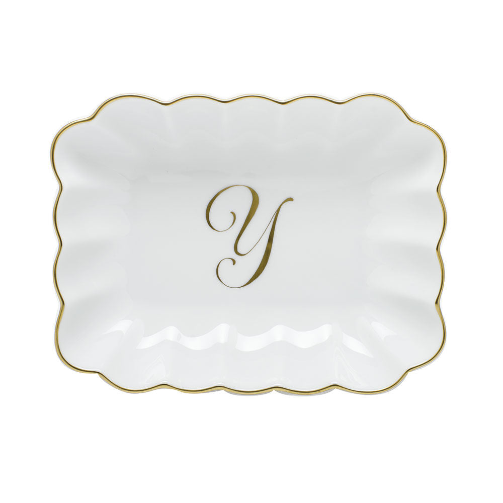 Hand-painted Herend Oblong Dish with Monogram Decorative Plate in fine porcelain, 7.25in L X 5.5in W X 1.5in H, on a white background, Monogram Y