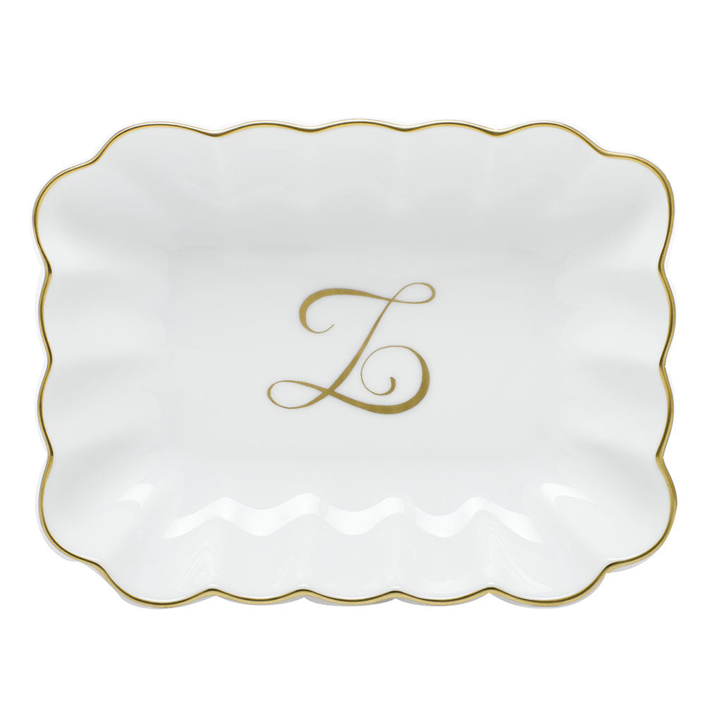Hand-painted Herend Oblong Dish with Monogram Decorative Plate in fine porcelain, 7.25in L X 5.5in W X 1.5in H, on a white background, Monogram Z