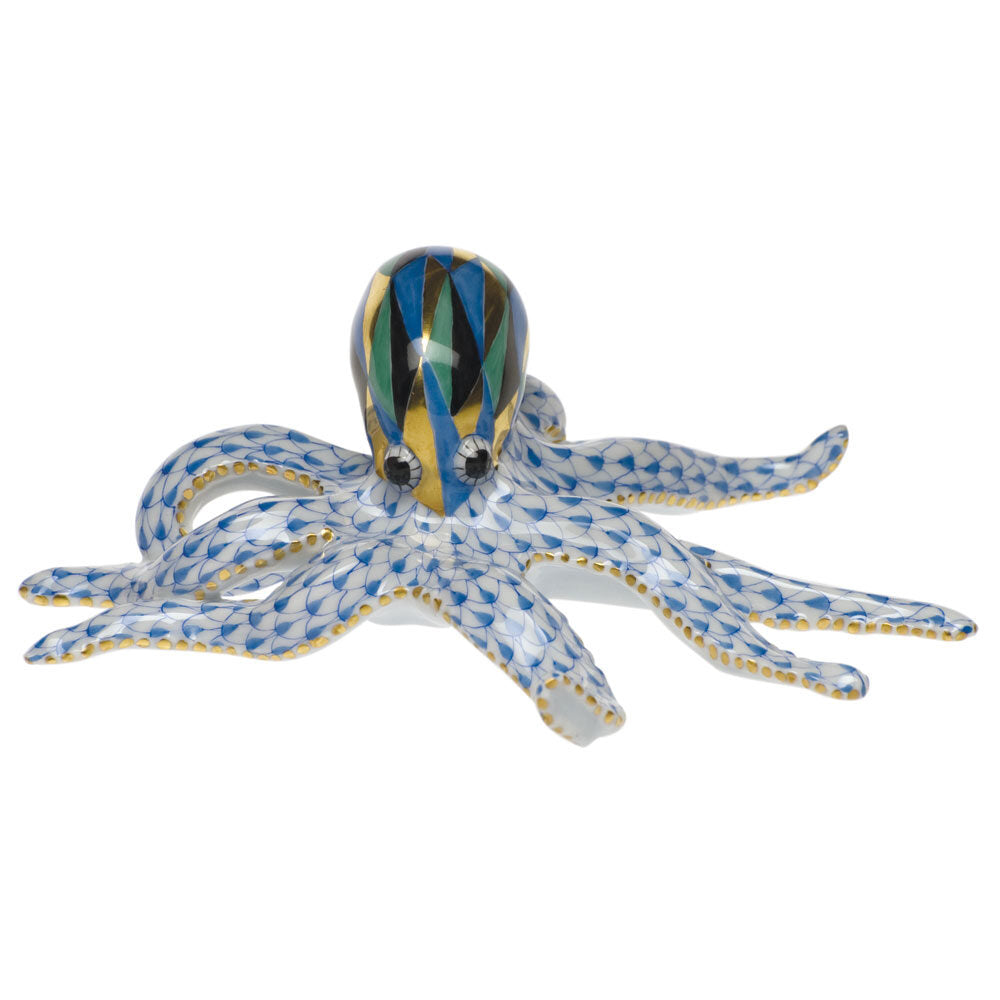 Herend Octopus Figurine porcelain figurine painted in the Blue fishnet pattern