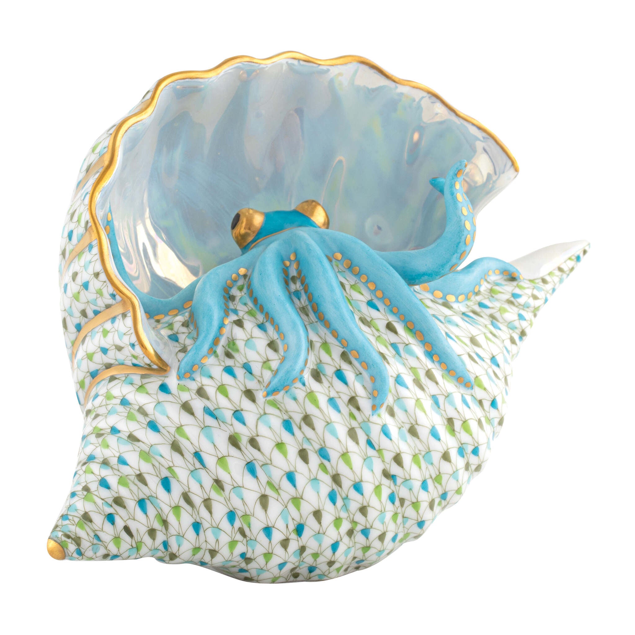 Hand-painted Herend Octopus in Shell Figurine in fine porcelain, 4.25in L X 6in W X 5in H, on a white background