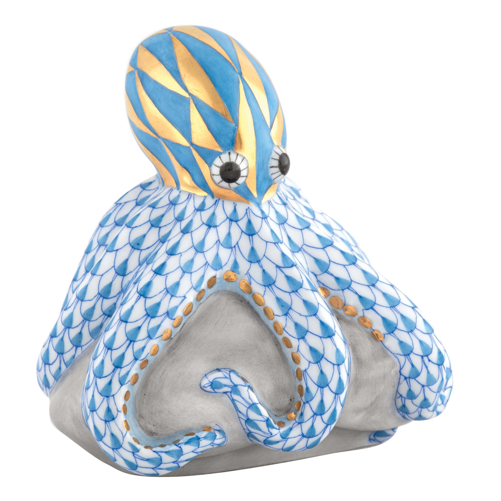 Hand-painted Herend Octopus on Rock Figurine in Blue fishnet porcelain on a white background