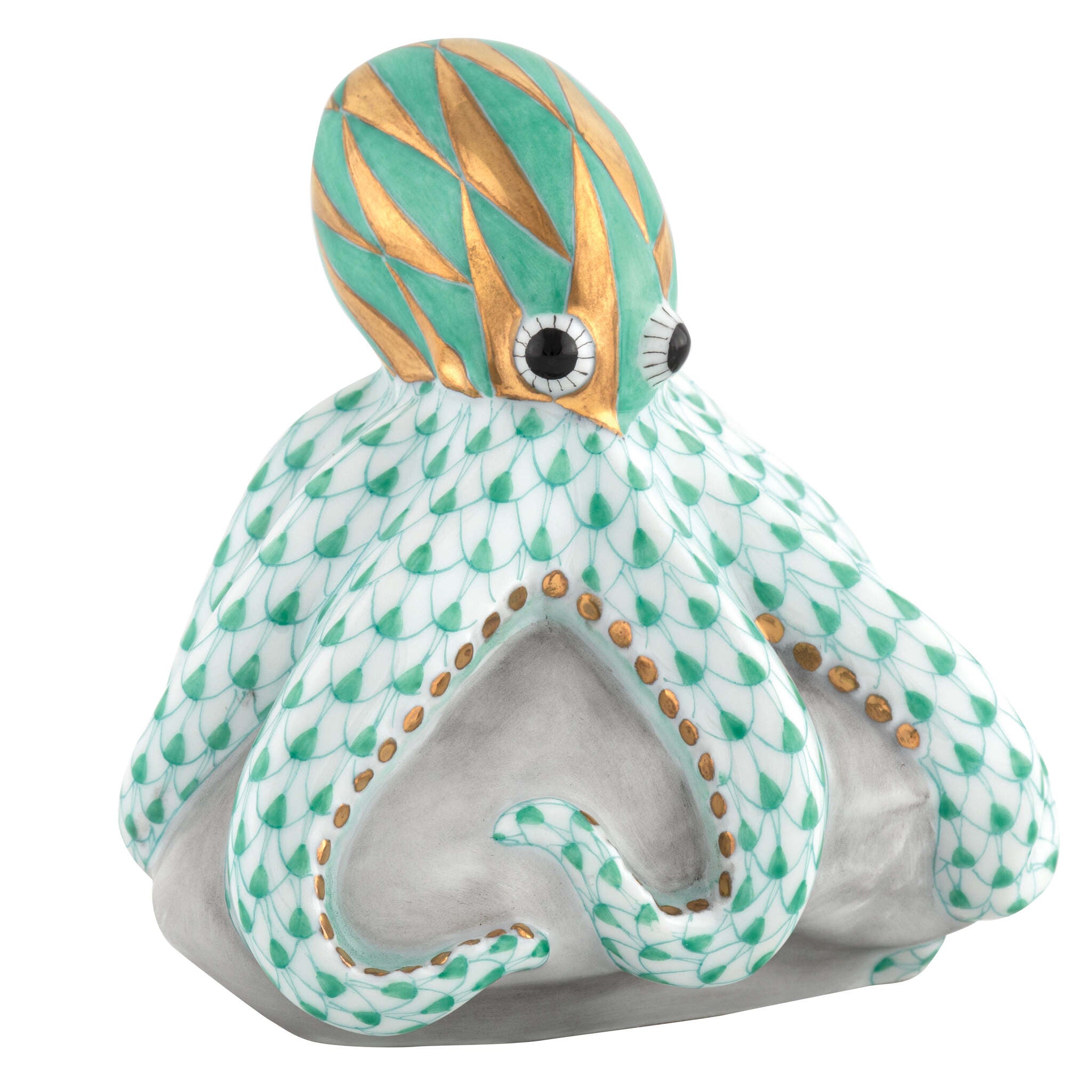 Hand-painted Herend Octopus on Rock Figurine in Key Lime fishnet porcelain on a white background