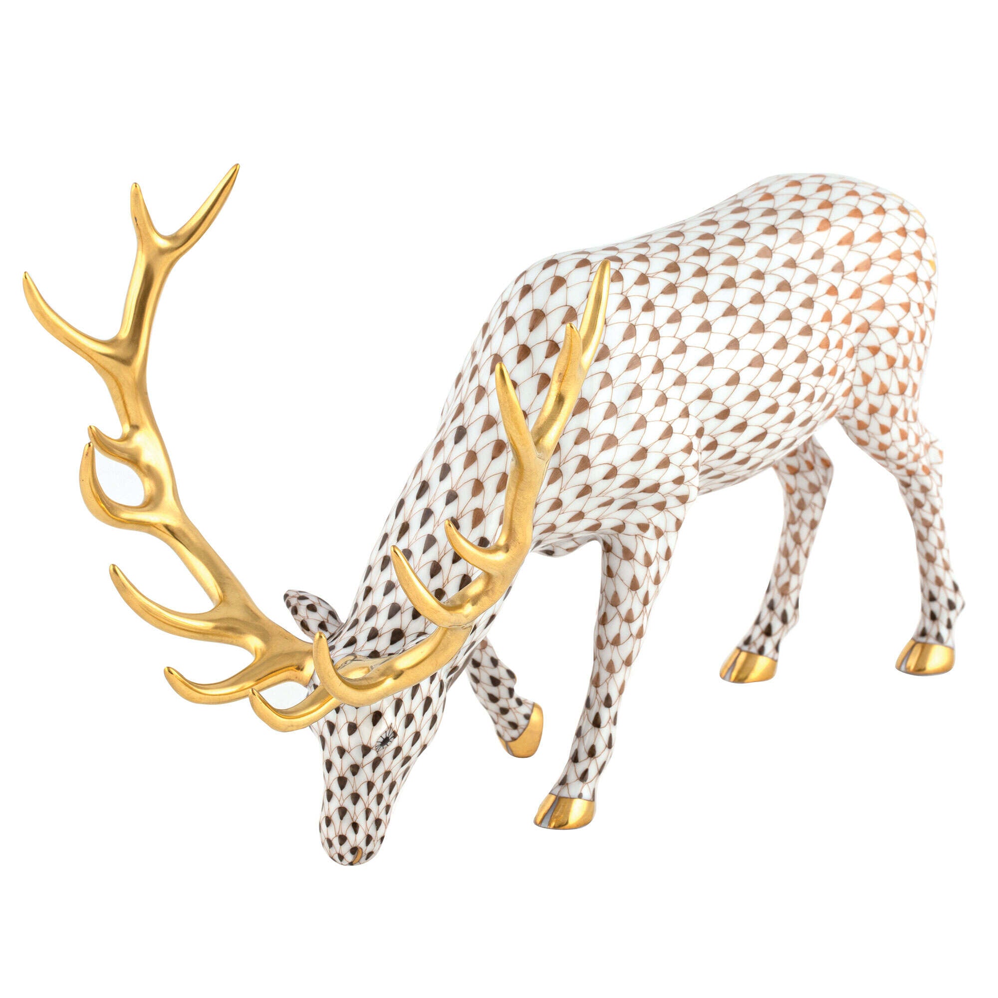 Hand-painted Herend Olympic Elk Figurine in fine porcelain, 9.75in L X 5.75in W X 6.25in H, on a white background