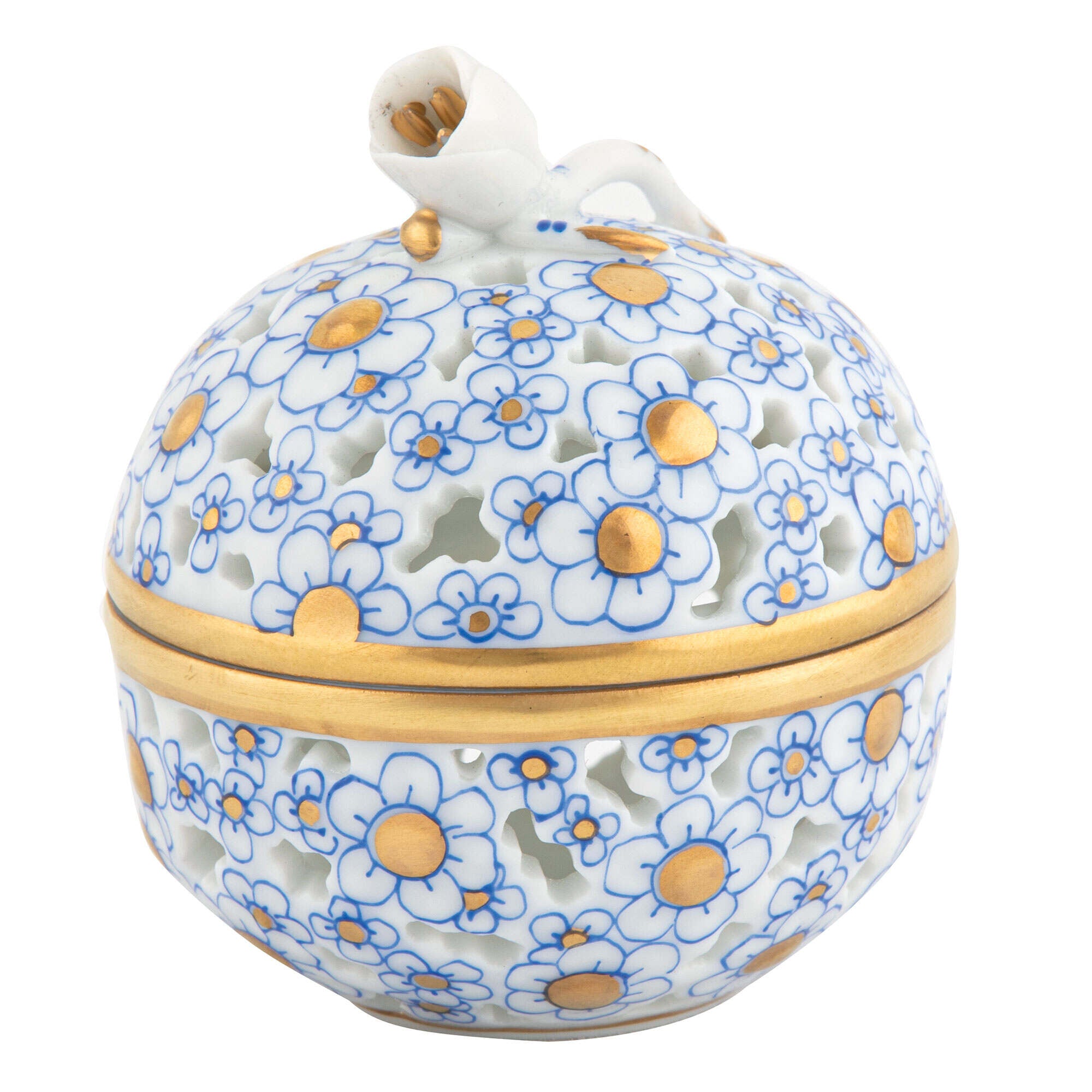 Herend Openwork Ball with Bud Candy Dish porcelain figurine painted in the Blue fishnet pattern