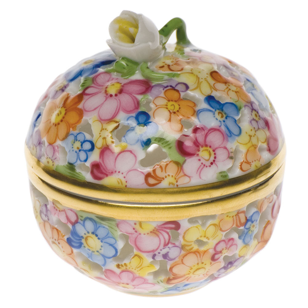 Hand-painted Herend Openwork Ball with Bud Candy Dish in Natural fishnet porcelain on a white background