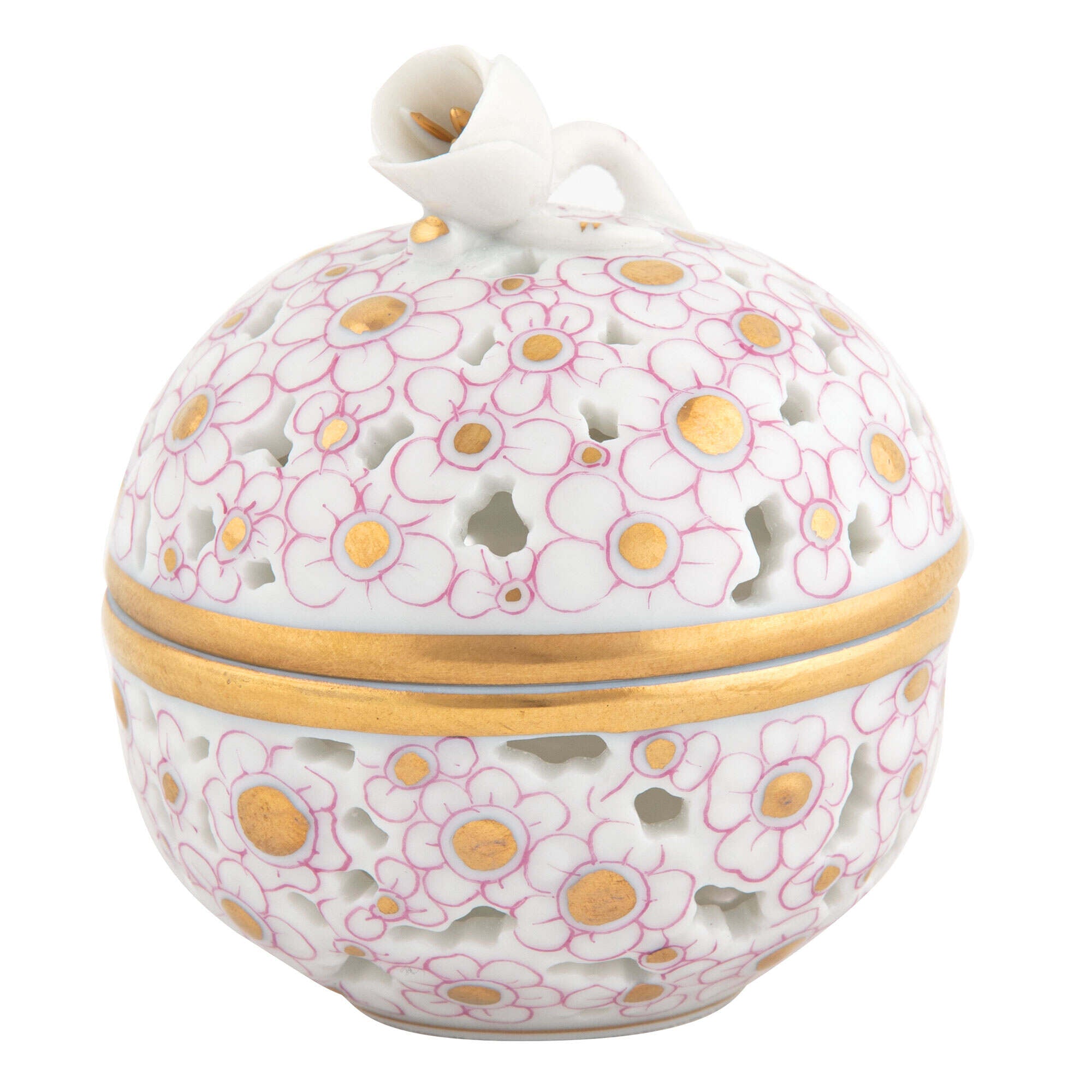 Openwork Ball with Bud Candy Dish in hand-painted Pink porcelain by Herend of Hungary