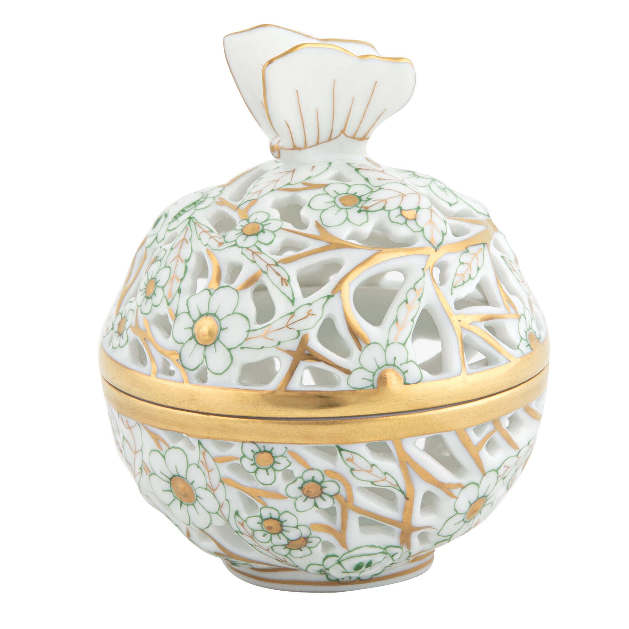 Green fishnet Openwork Ball with Butterfly Candy Dish figurine, hand-painted Herend porcelain with 24k gold accents
