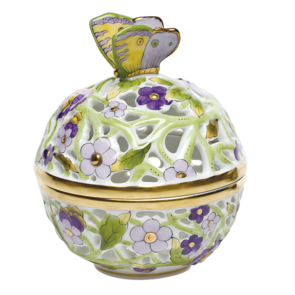 Hand-painted Herend Openwork Ball with Butterfly Candy Dish in Motif 4 fishnet porcelain on a white background