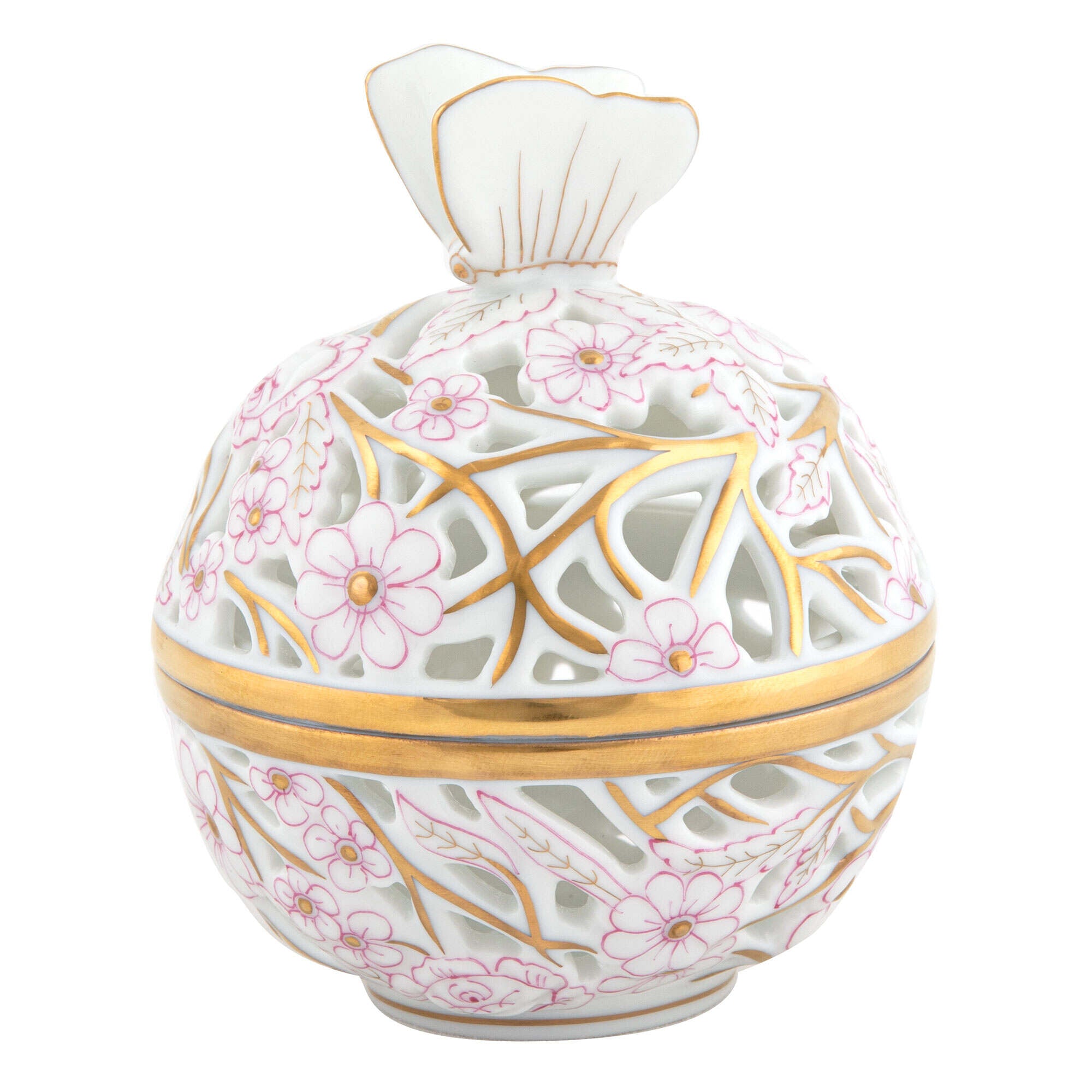 Pink fishnet Openwork Ball with Butterfly Candy Dish figurine, hand-painted Herend porcelain with 24k gold accents