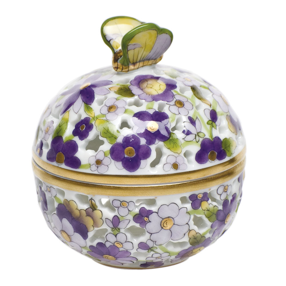 Hand-painted Herend Openwork Ball with Butterfly Candy Dish in fine porcelain, 2.5in H, on a white background