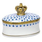 Hand-painted Herend Oval Box with Crown in Blue fishnet porcelain on a white background