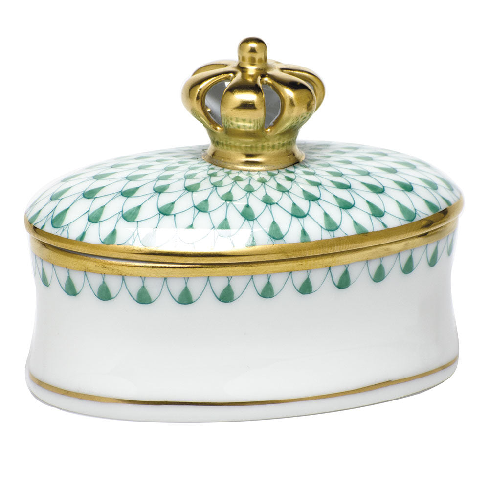 Green fishnet Oval Box with Crown figurine, hand-painted Herend porcelain with 24k gold accents