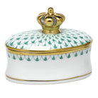 Green fishnet Oval Box with Crown figurine, hand-painted Herend porcelain with 24k gold accents