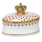 Hand-painted Herend Oval Box with Crown in Rust fishnet porcelain on a white background