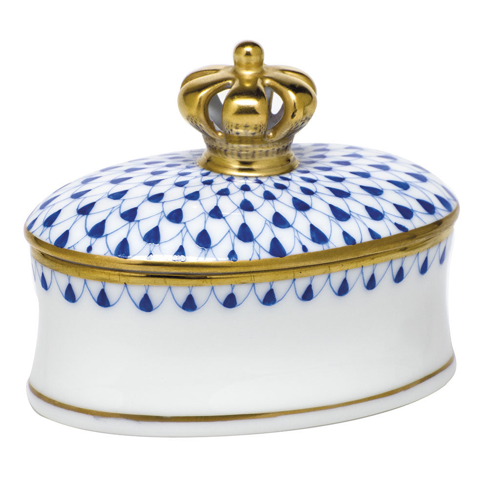 Sapphire fishnet Oval Box with Crown figurine, hand-painted Herend porcelain with 24k gold accents
