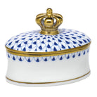 Sapphire fishnet Oval Box with Crown figurine, hand-painted Herend porcelain with 24k gold accents