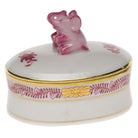 Raspberry fishnet Oval Box with Elephant figurine, hand-painted Herend porcelain with 24k gold accents