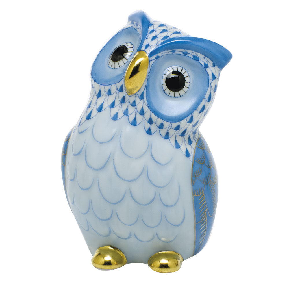 Hand-painted Herend Owl Figurine in Blue fishnet porcelain on a white background