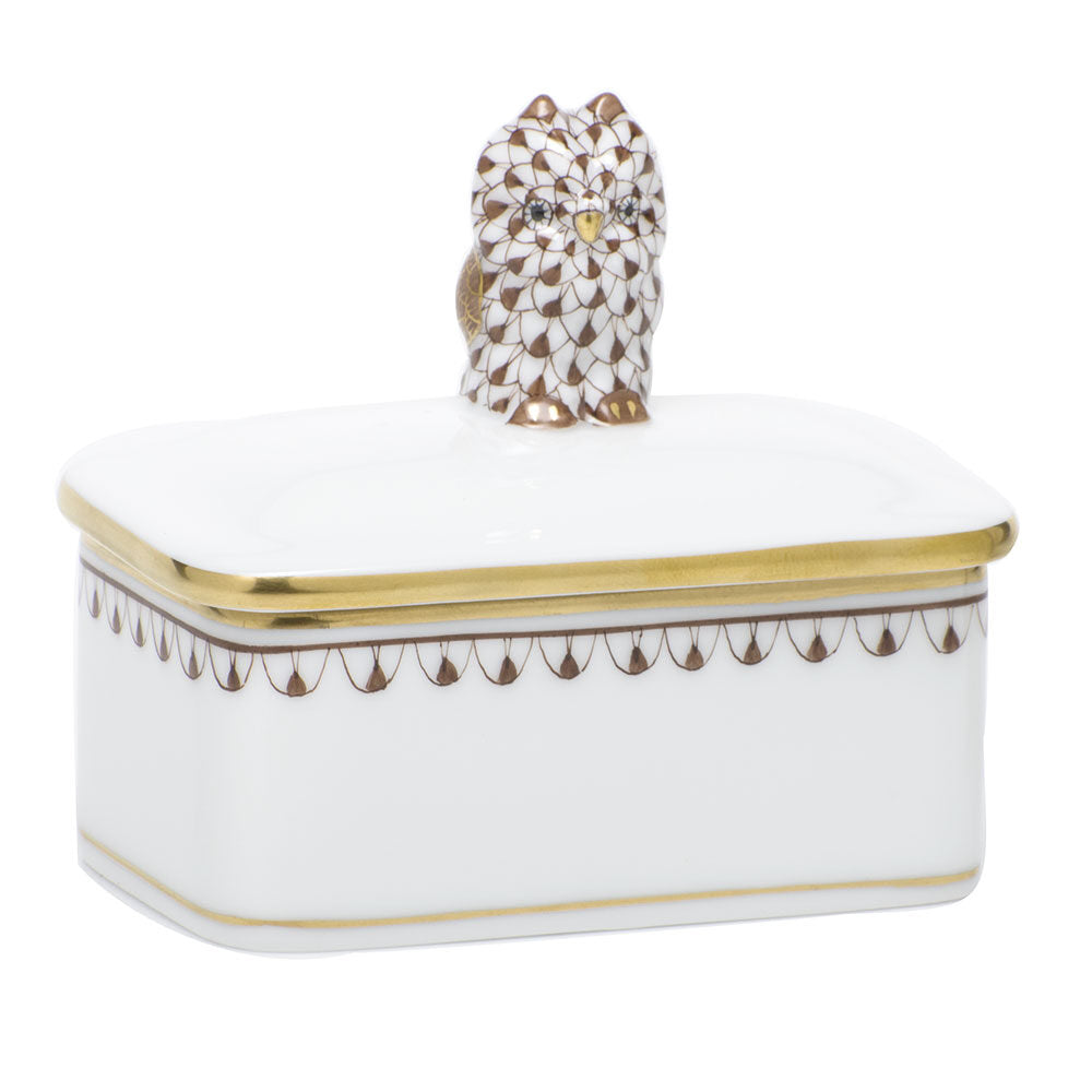 Hand-painted Herend Owl Box in Chocolate fishnet porcelain on a white background