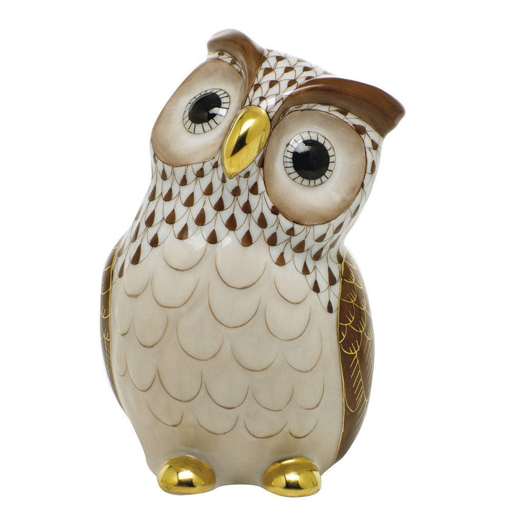 Chocolate fishnet Owl Figurine figurine, hand-painted Herend porcelain with 24k gold accents