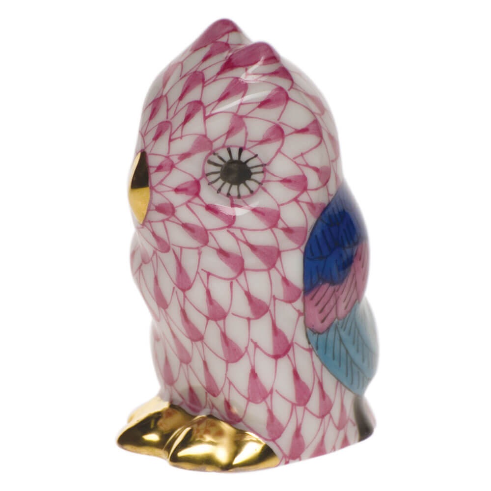 Raspberry fishnet Owl Miniature Figurine figurine, hand-painted Herend porcelain with 24k gold accents