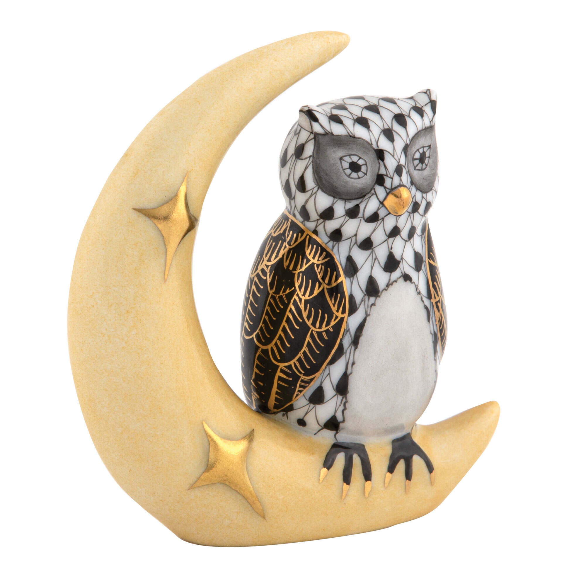 Hand-painted Herend Owl with Crescent Moon Figurine in Black fishnet porcelain on a white background