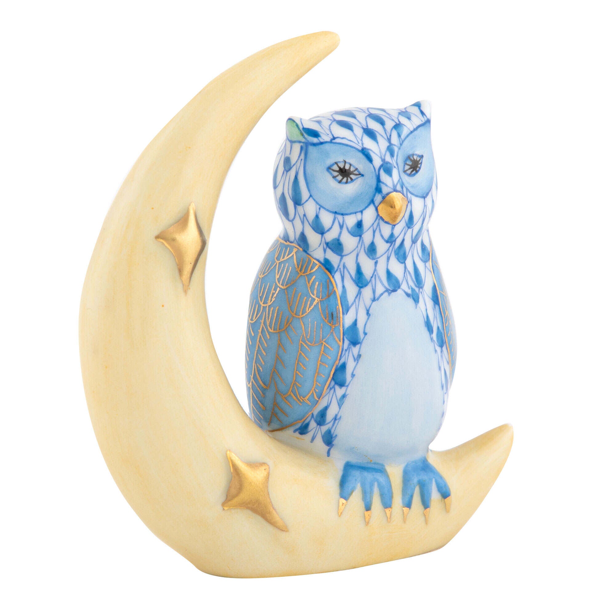 Herend Owl with Crescent Moon Figurine porcelain figurine painted in the Blue fishnet pattern