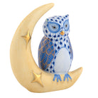 Hand-painted Herend Owl with Crescent Moon Figurine in Sapphire fishnet porcelain on a white background