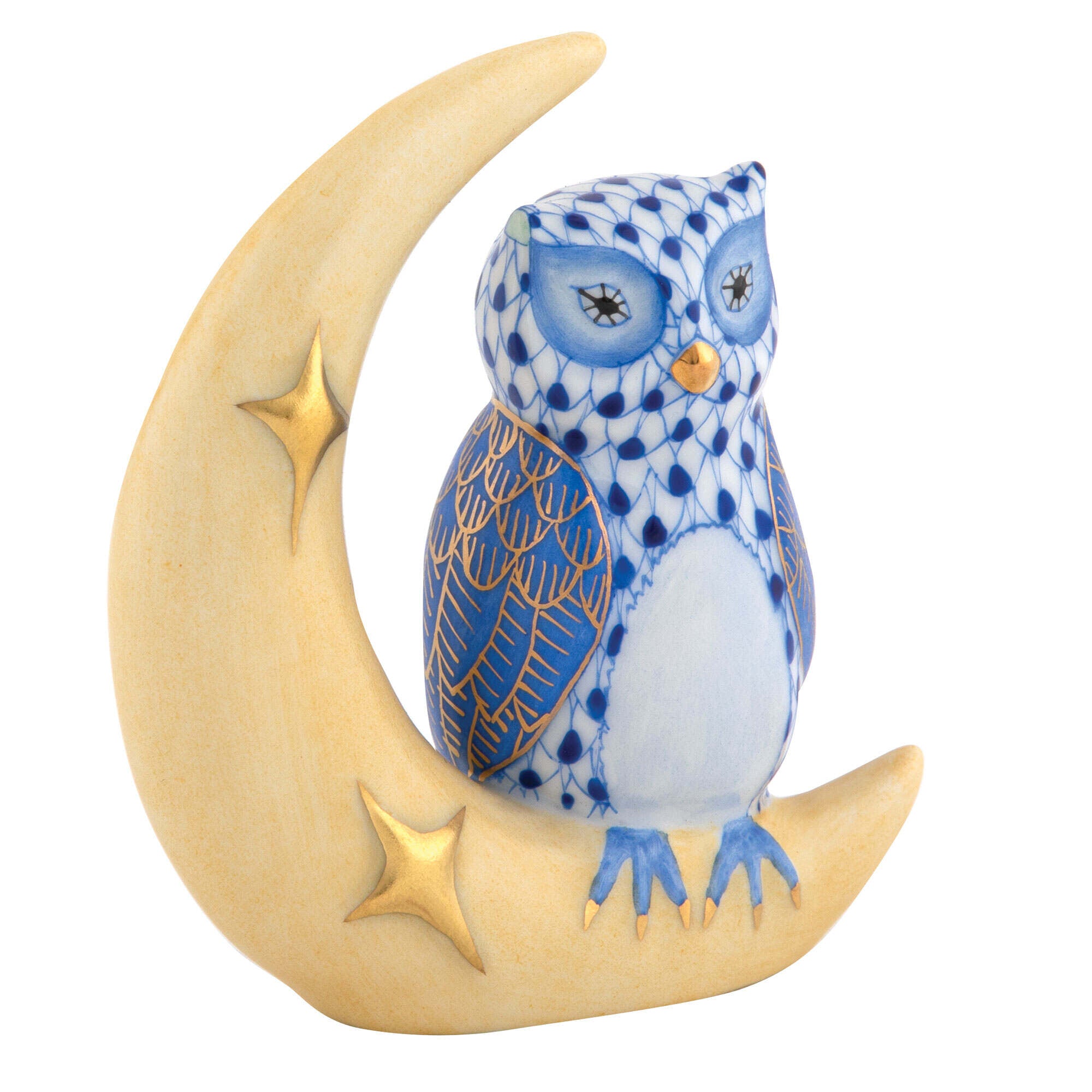 Hand-painted Herend Owl with Crescent Moon Figurine in Sapphire fishnet porcelain on a white background