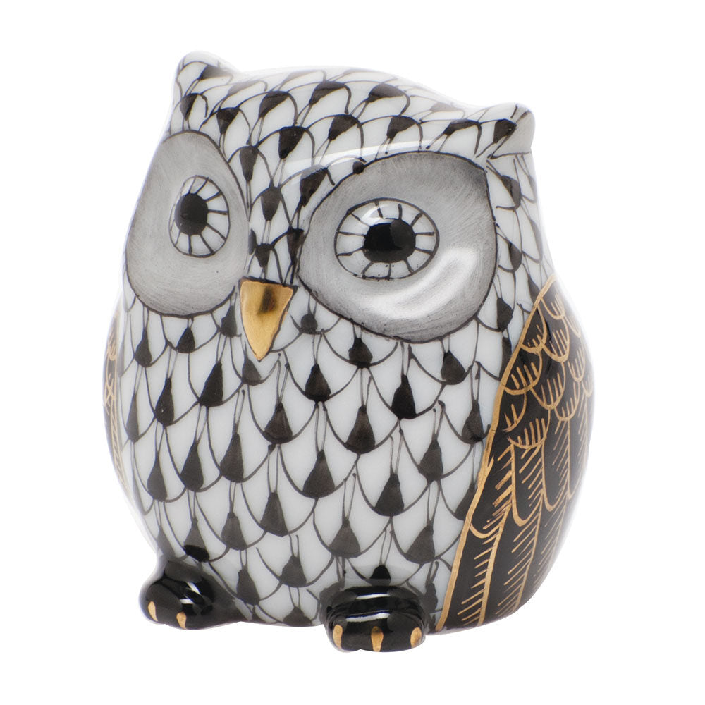 Black fishnet Owlet Figurine figurine, hand-painted Herend porcelain with 24k gold accents