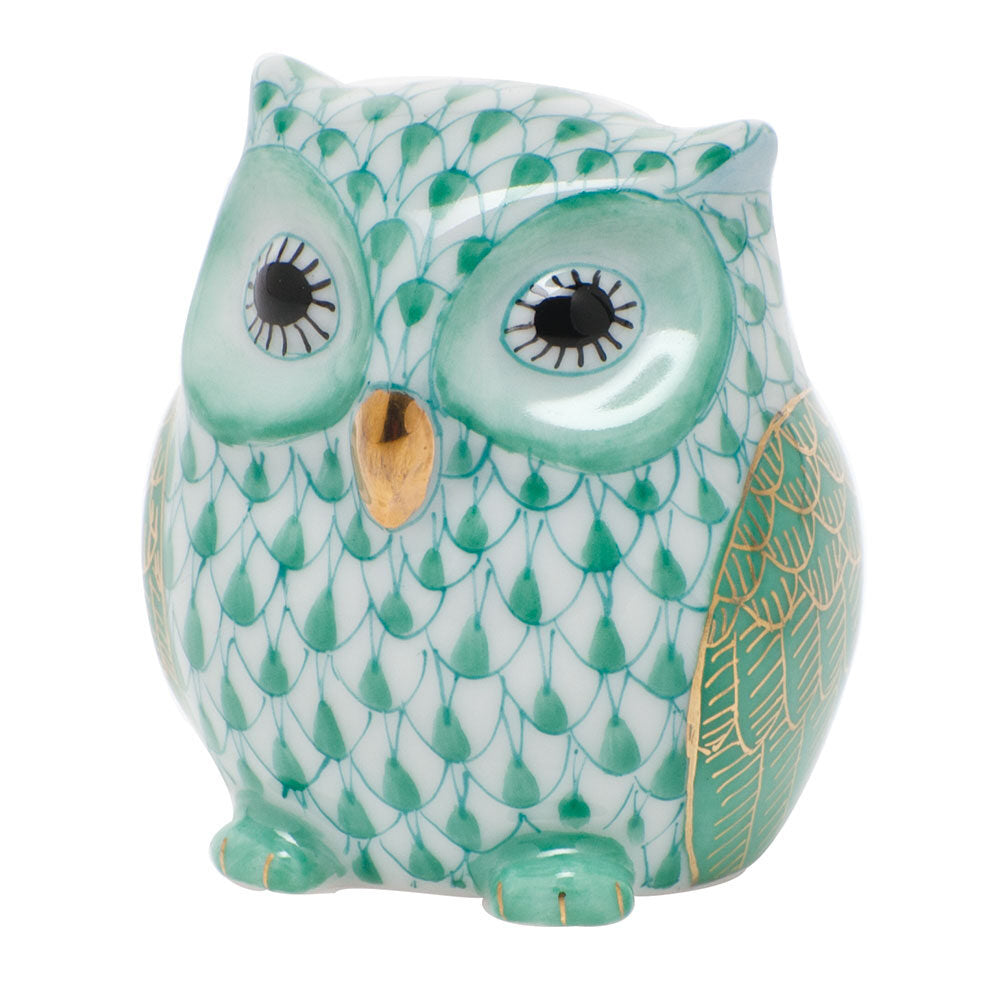 Green fishnet Owlet Figurine figurine, hand-painted Herend porcelain with 24k gold accents