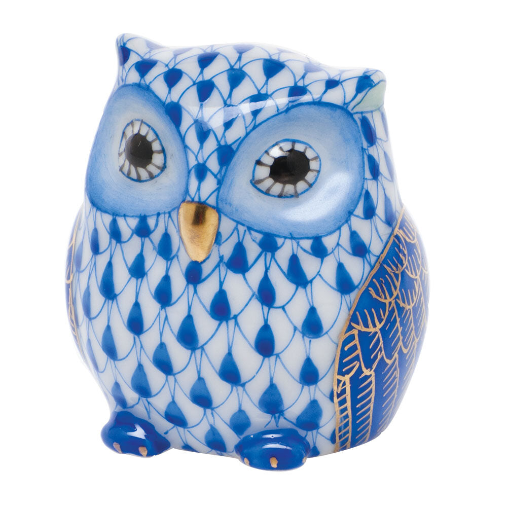 Herend Owlet Figurine porcelain figurine painted in the Sapphire fishnet pattern