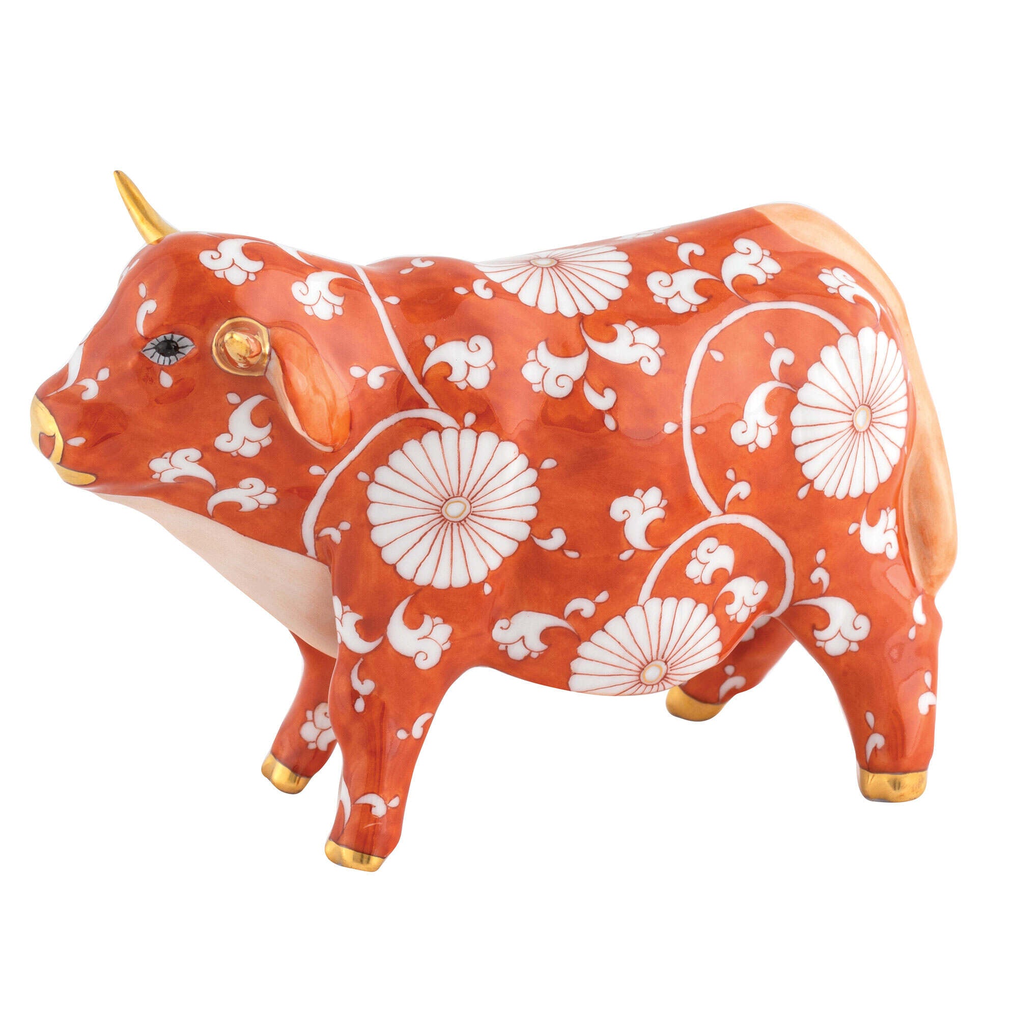 Hand-painted Herend Ox Figurine in fine porcelain, 4.5in L X 3in H, on a white background