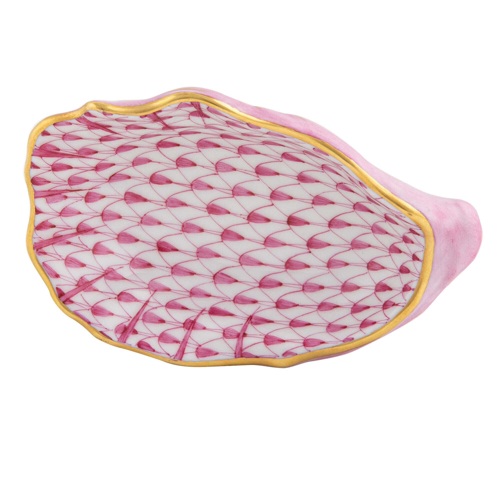 Hand-painted Herend Oyster Shell Figurine in Raspberry fishnet porcelain on a white background