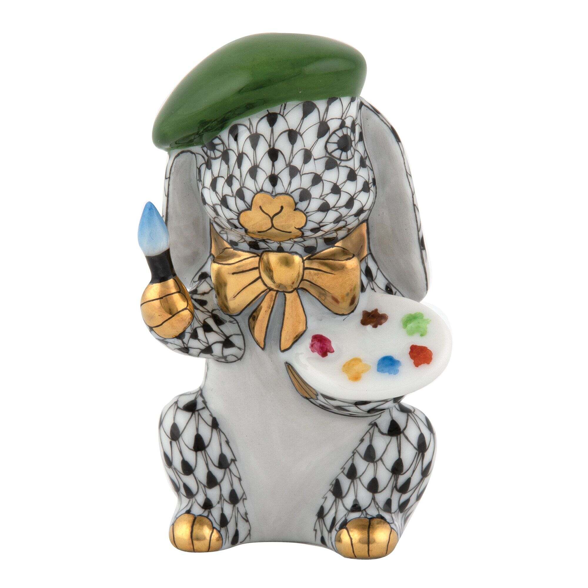 Black fishnet Painter Bunny Figurine figurine, hand-painted Herend porcelain with 24k gold accents
