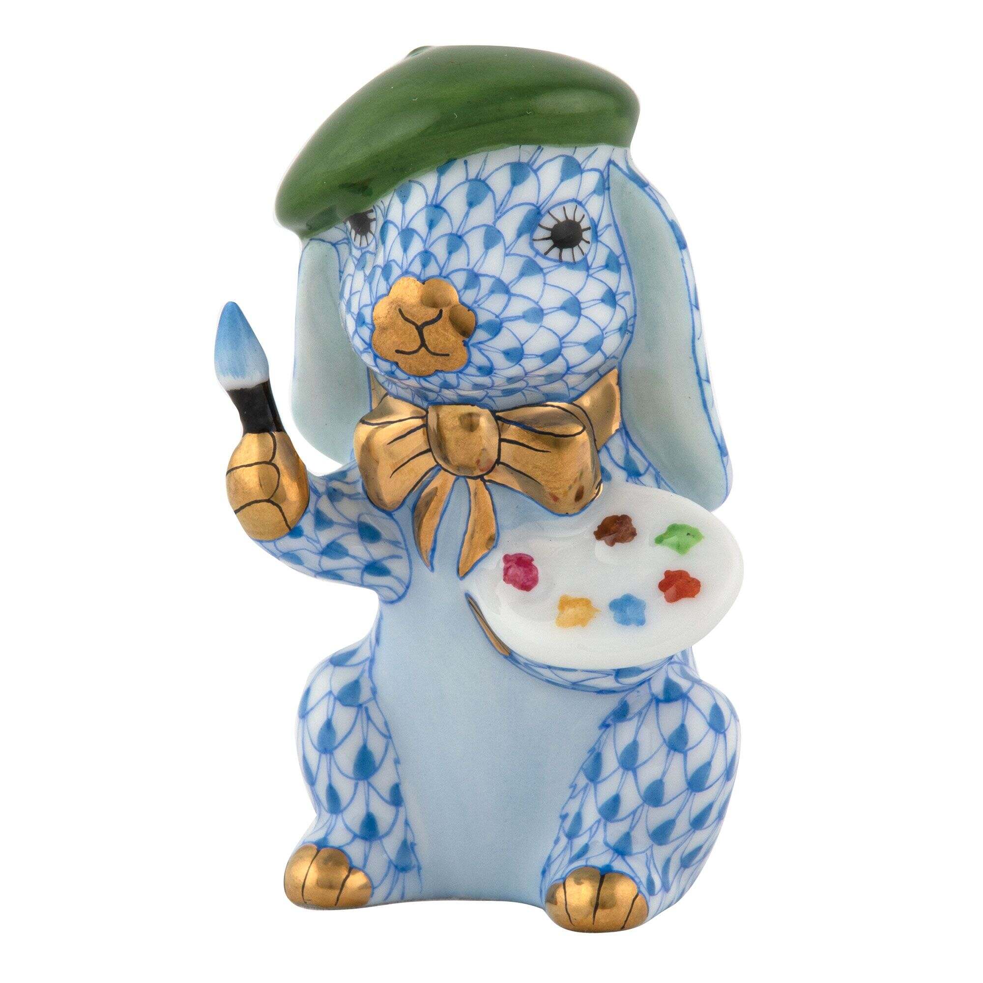 Blue fishnet Painter Bunny Figurine figurine, hand-painted Herend porcelain with 24k gold accents