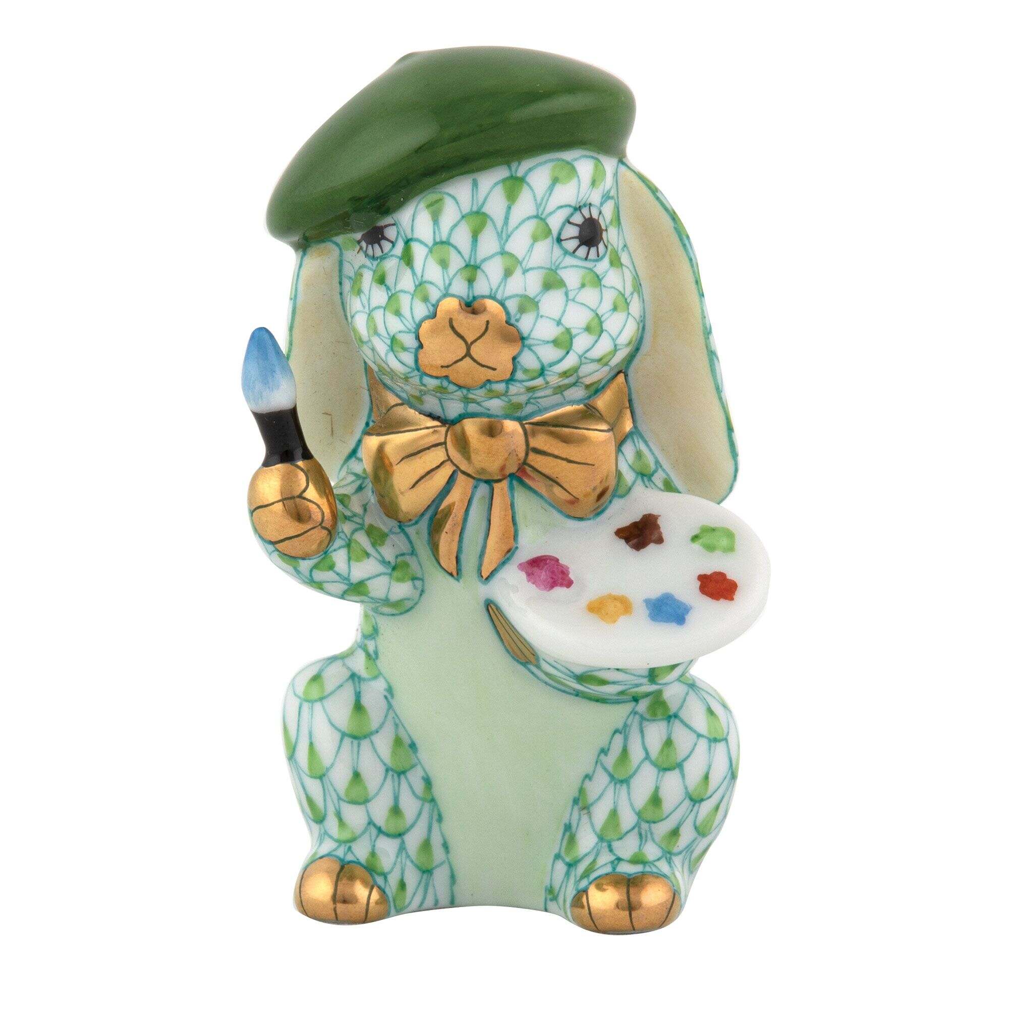 Painter Bunny Figurine in hand-painted Key Lime porcelain by Herend of Hungary