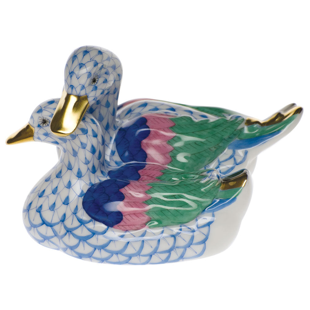 Hand-painted Herend Pair of Ducks Figurine in fine porcelain, 2.75in H, on a white background