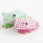 Hand-painted Herend Pair of Frogs Figurine in Key Lime-Raspberry fishnet porcelain on a white background