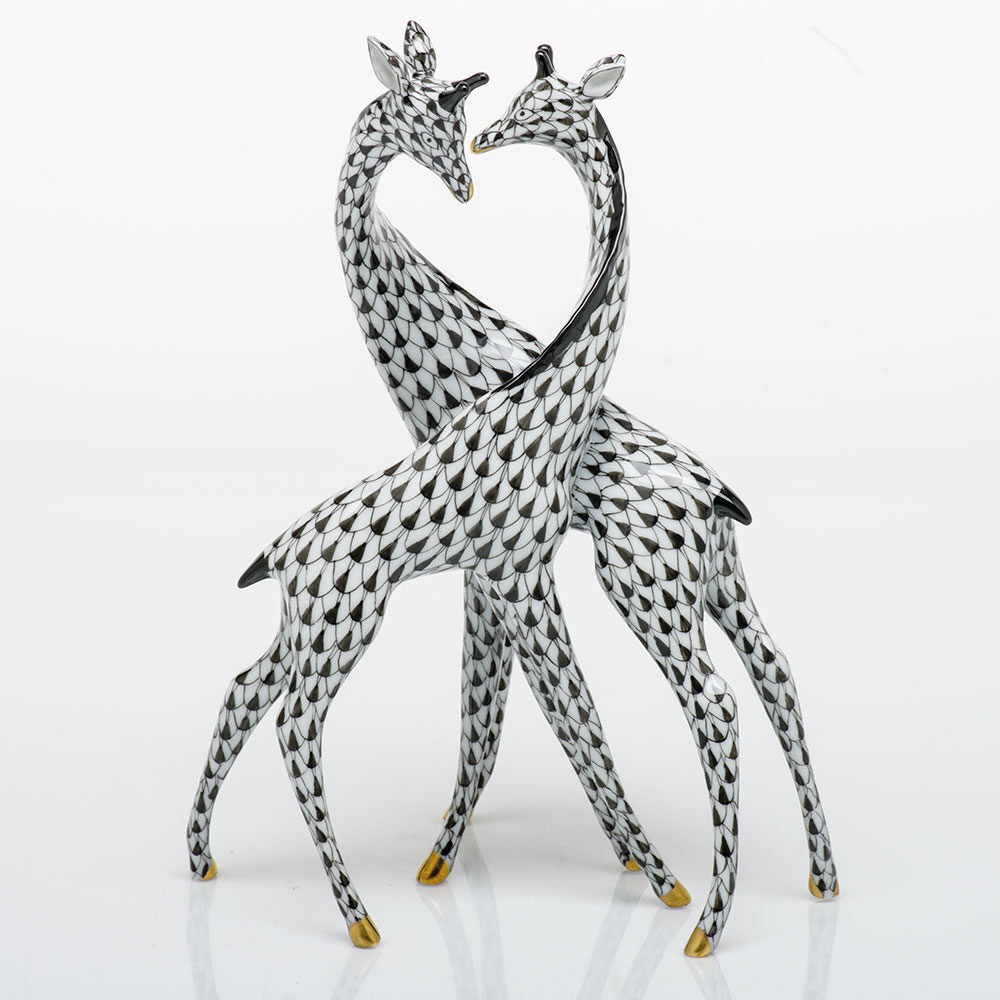 Hand-painted Herend Pair of Giraffes Figurine in Black fishnet porcelain on a white background